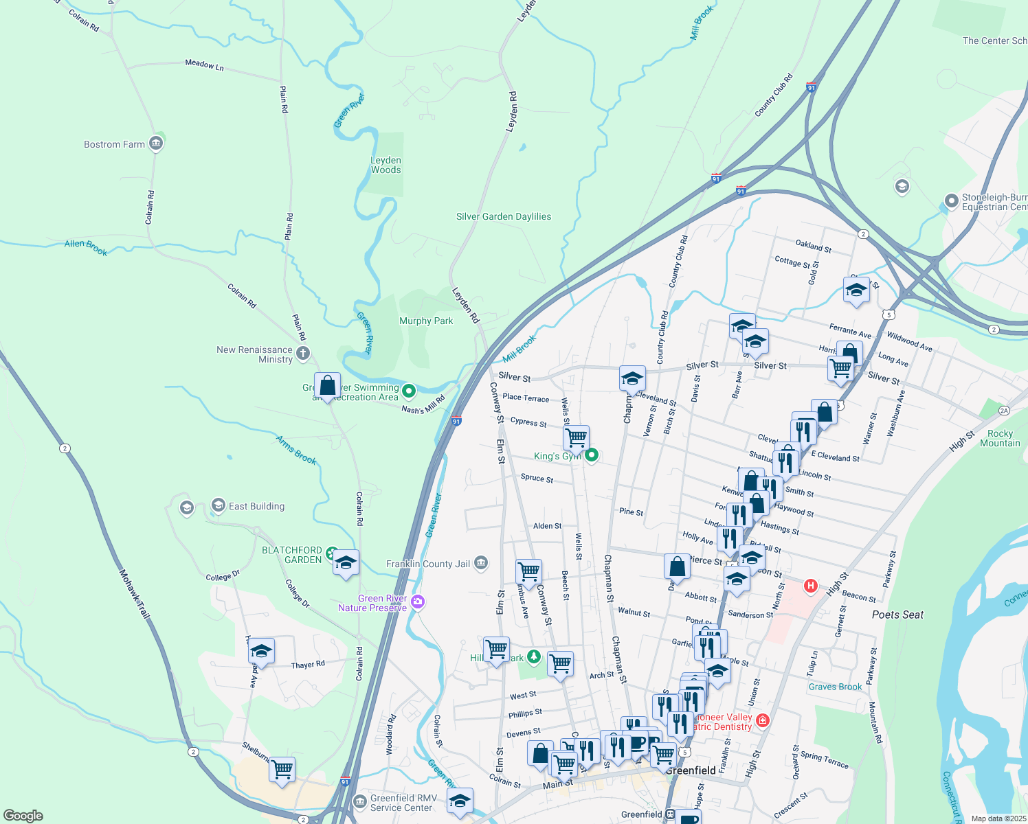 map of restaurants, bars, coffee shops, grocery stores, and more near 57 Cypress Street in Greenfield