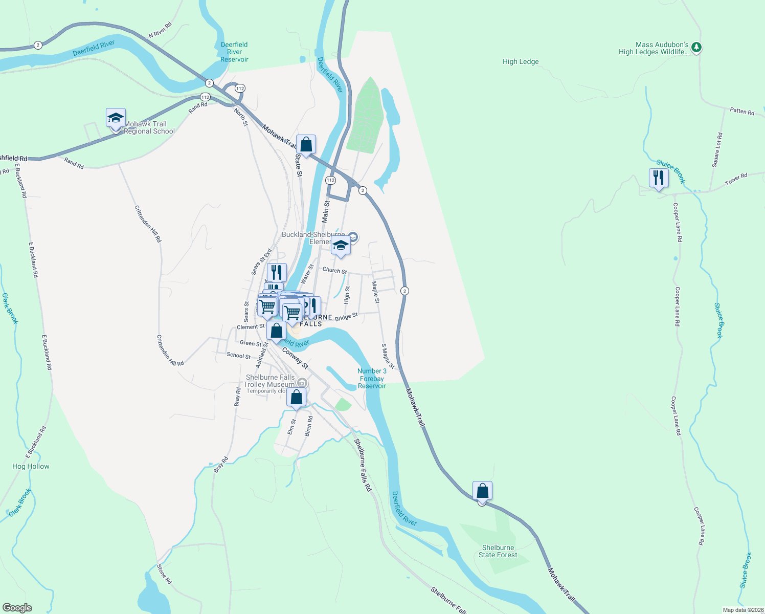 map of restaurants, bars, coffee shops, grocery stores, and more near 5 Maple Street in Shelburne Falls