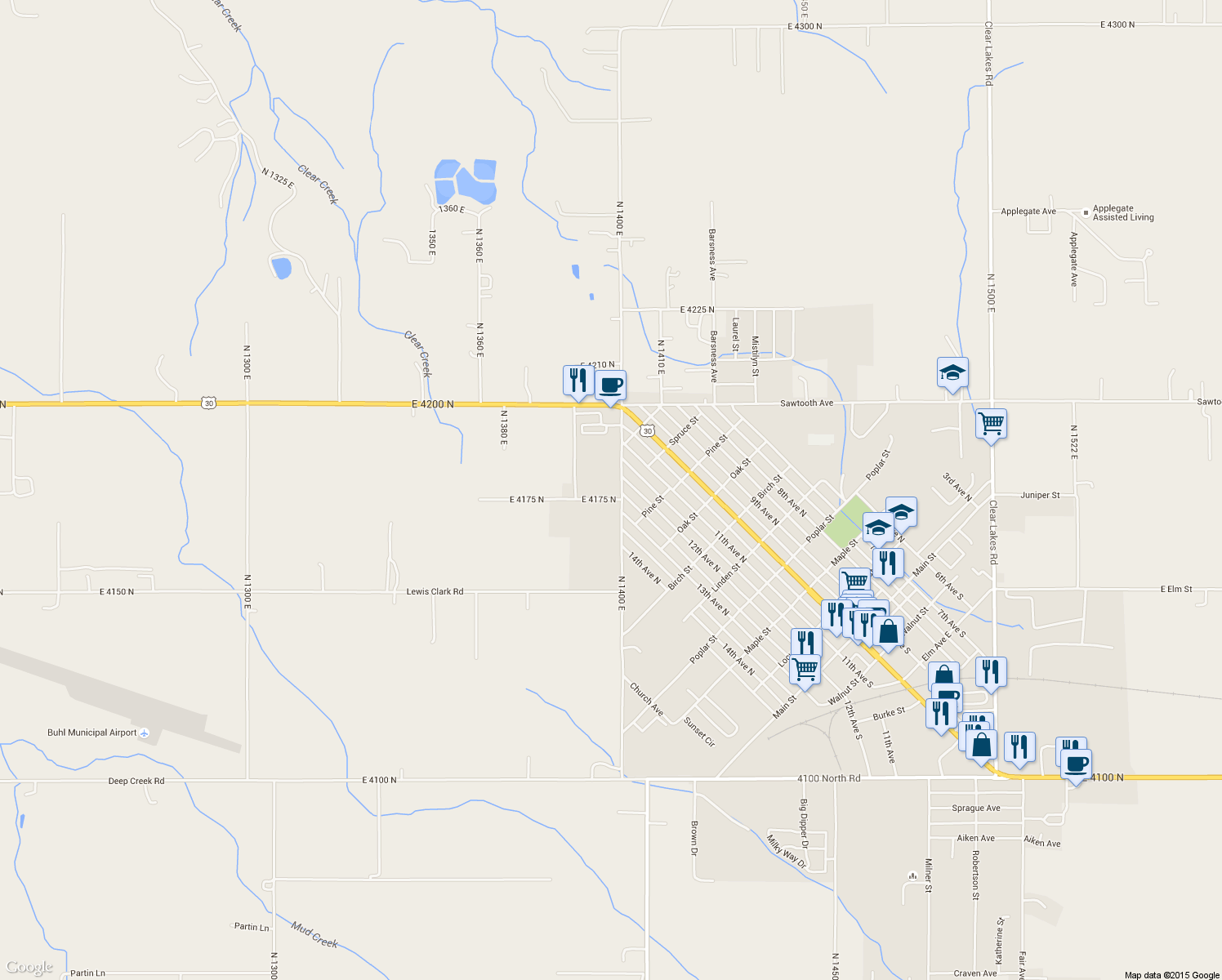 map of restaurants, bars, coffee shops, grocery stores, and more near 401 Fruitland Avenue in Buhl