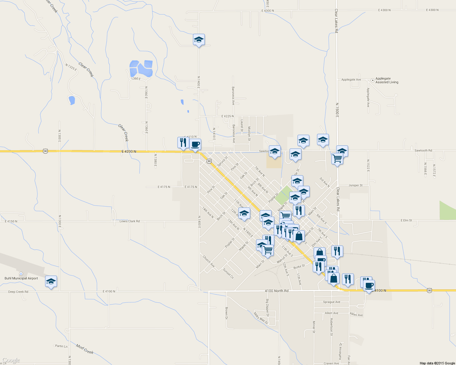 map of restaurants, bars, coffee shops, grocery stores, and more near 715 Broadway Avenue North in Buhl