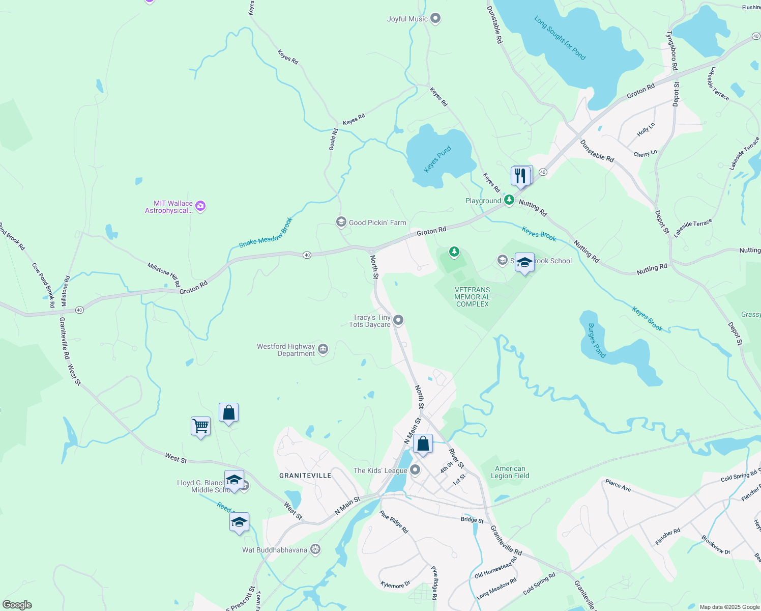 map of restaurants, bars, coffee shops, grocery stores, and more near 48 North Street in Westford