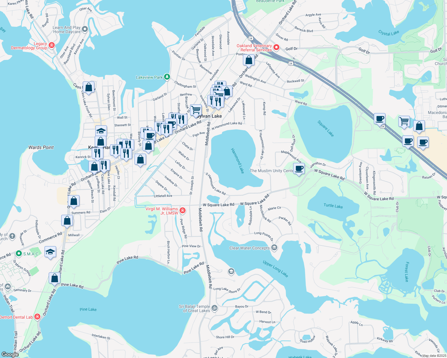 map of restaurants, bars, coffee shops, grocery stores, and more near 2154 S Hammond Lake Rd in West Bloomfield Township