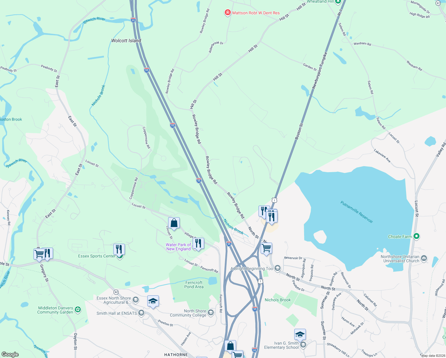 map of restaurants, bars, coffee shops, grocery stores, and more near 248 Rowley Bridge Rd in Topsfield