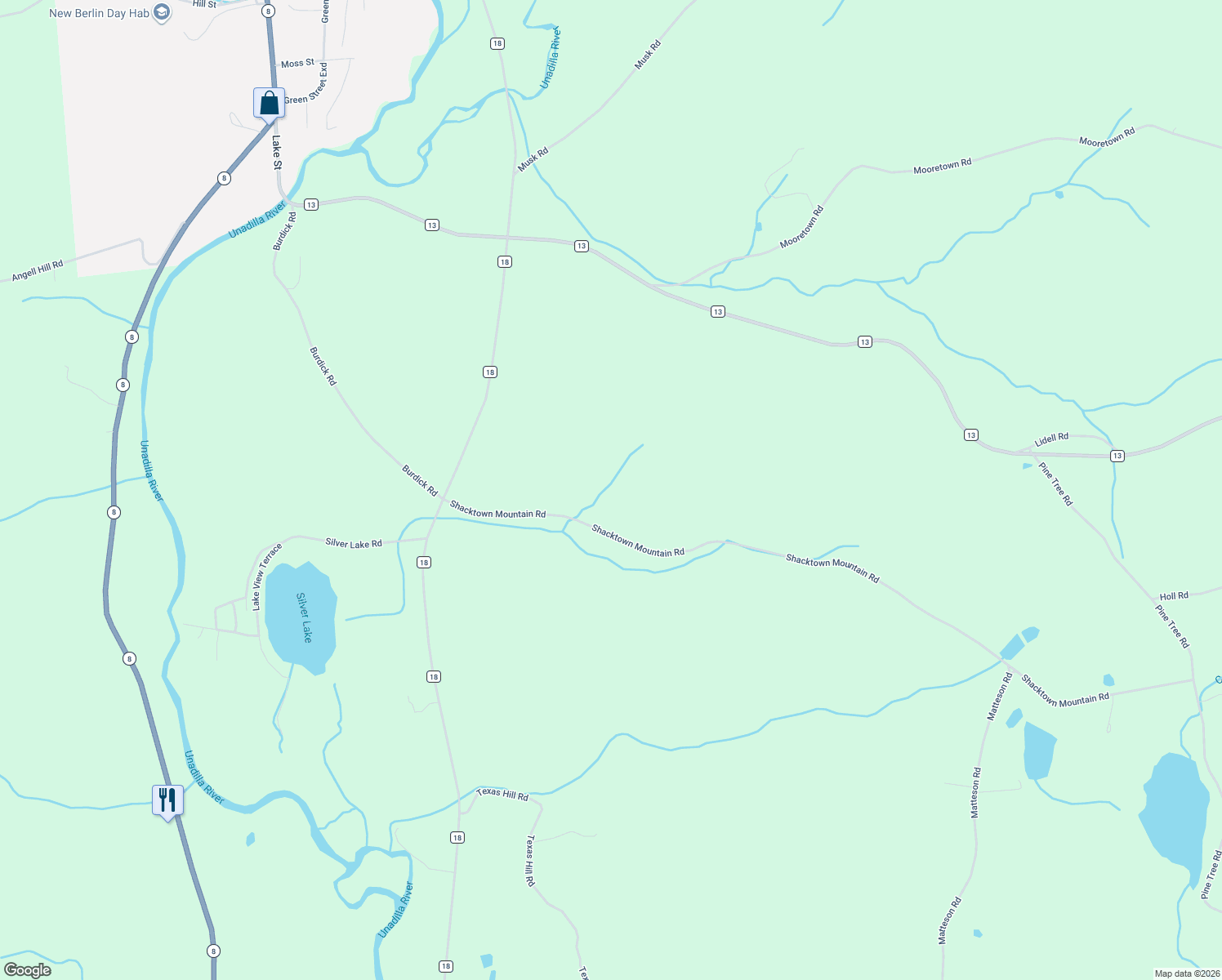 map of restaurants, bars, coffee shops, grocery stores, and more near 193 Shacktown Mountain Road in New Berlin