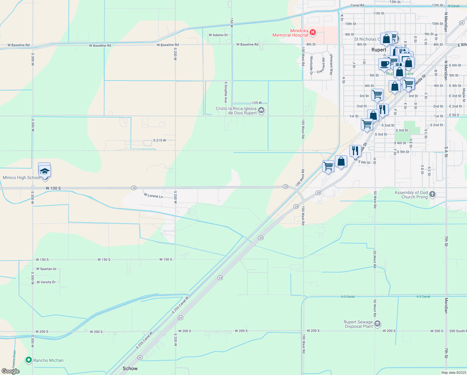 map of restaurants, bars, coffee shops, grocery stores, and more near 153 West 100 South in Rupert