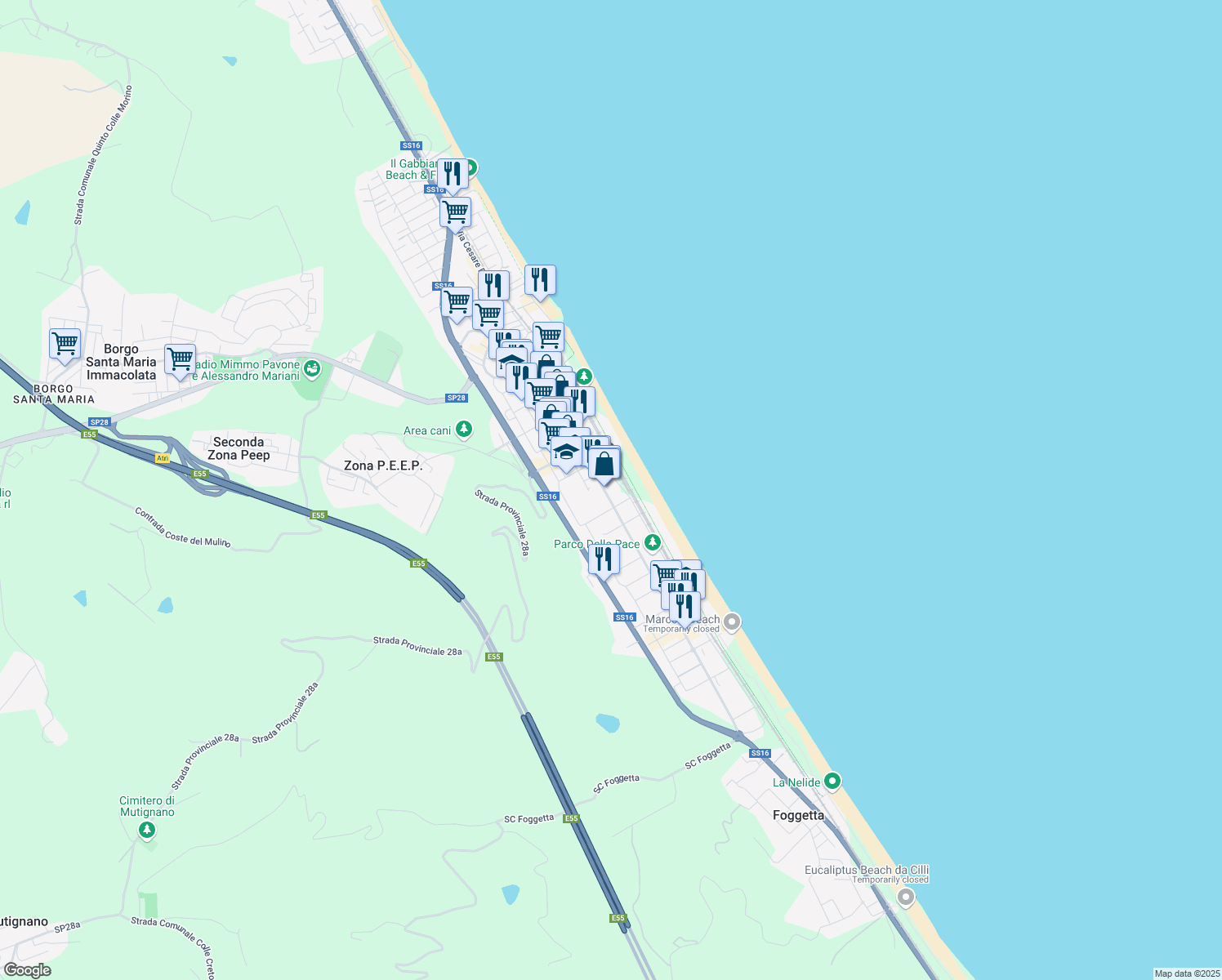 map of restaurants, bars, coffee shops, grocery stores, and more near 106 Via Gabriele D'Annunzio in Pineto