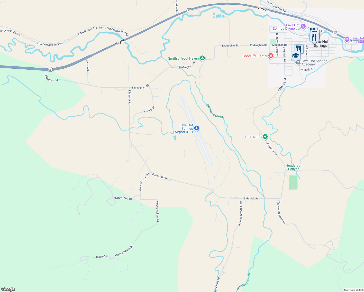 map of restaurants, bars, coffee shops, grocery stores, and more near 10747 Airpark West Road in Lava Hot Springs