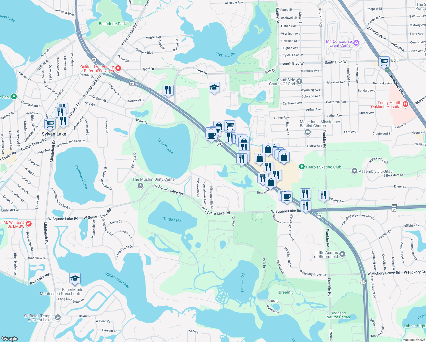 map of restaurants, bars, coffee shops, grocery stores, and more near 1655 Bloomfield Place Drive in Bloomfield Township