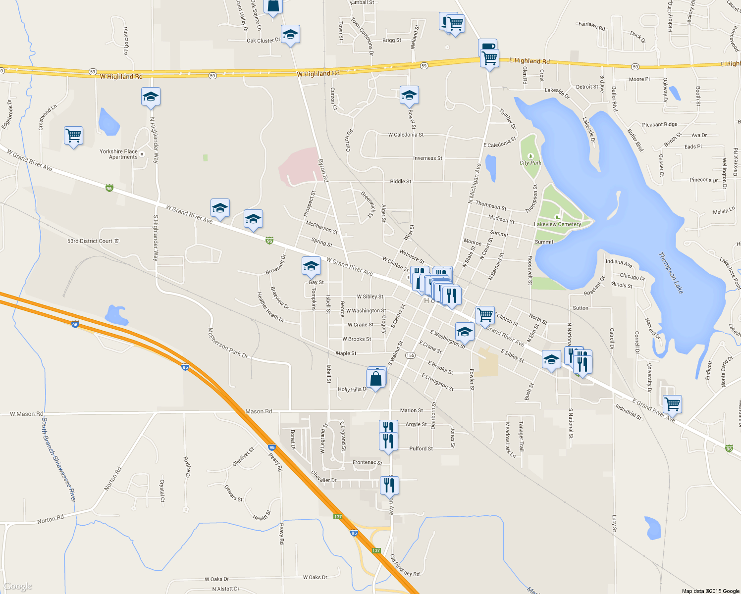 map of restaurants, bars, coffee shops, grocery stores, and more near 204 Jewett Street in Howell