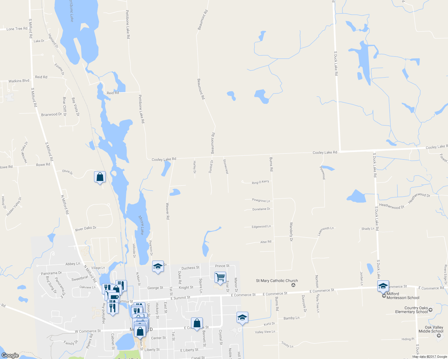 map of restaurants, bars, coffee shops, grocery stores, and more near 1855 Stonecrest in Milford Charter Township
