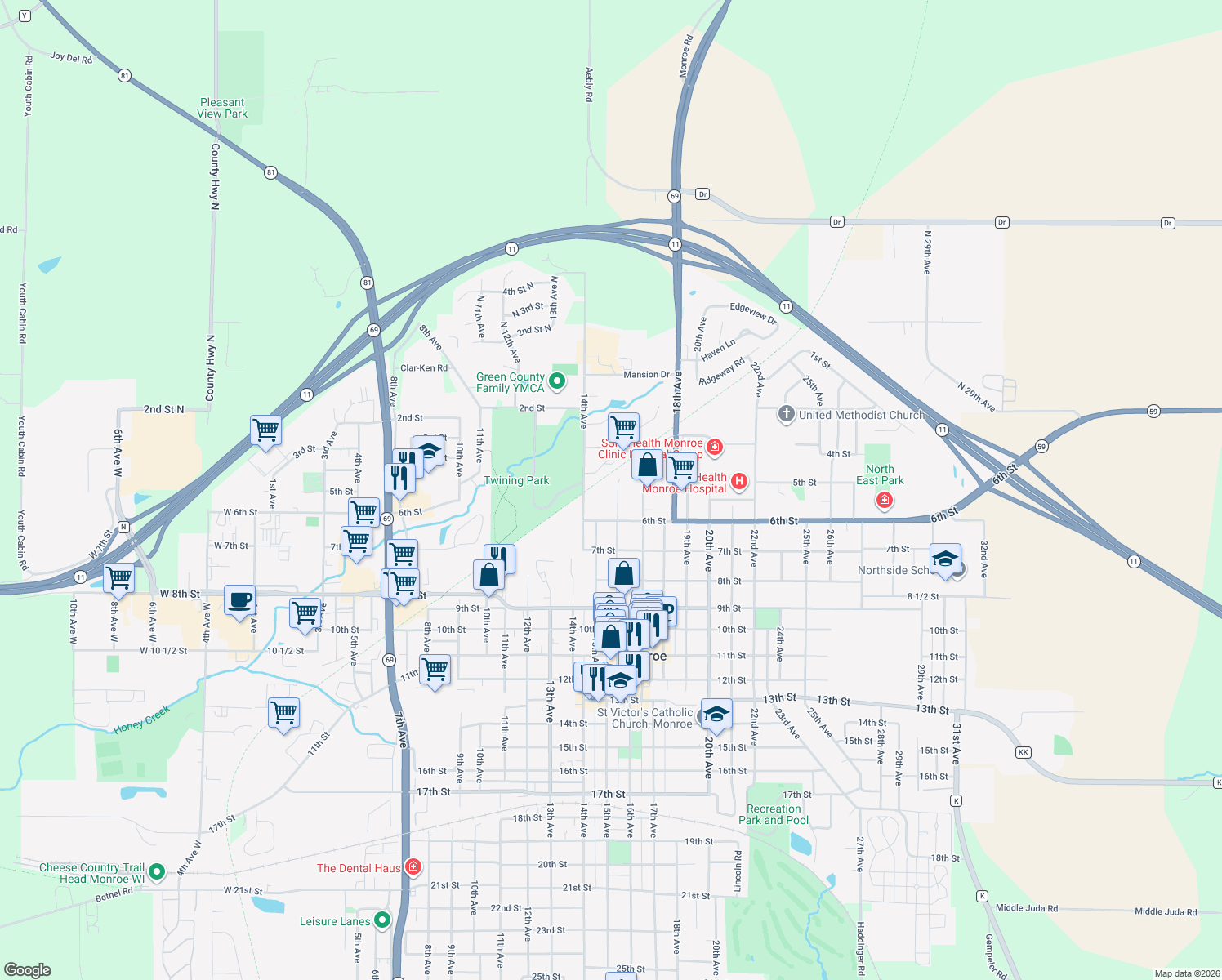 map of restaurants, bars, coffee shops, grocery stores, and more near 509 16th Avenue in Monroe