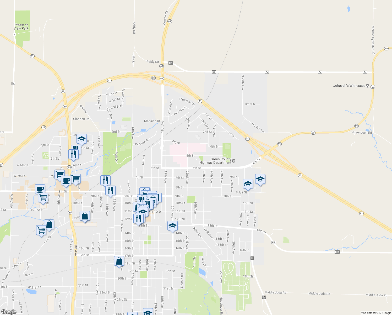 map of restaurants, bars, coffee shops, grocery stores, and more near 517 Saint Clare Court in Monroe