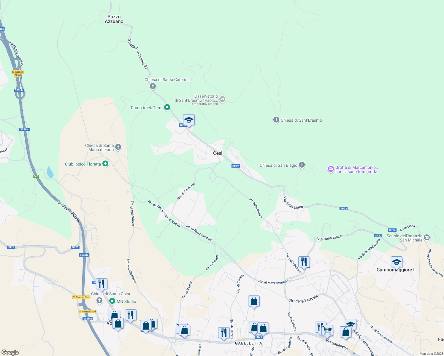 map of restaurants, bars, coffee shops, grocery stores, and more near 53 Strada della Pittura in Provincia di Terni