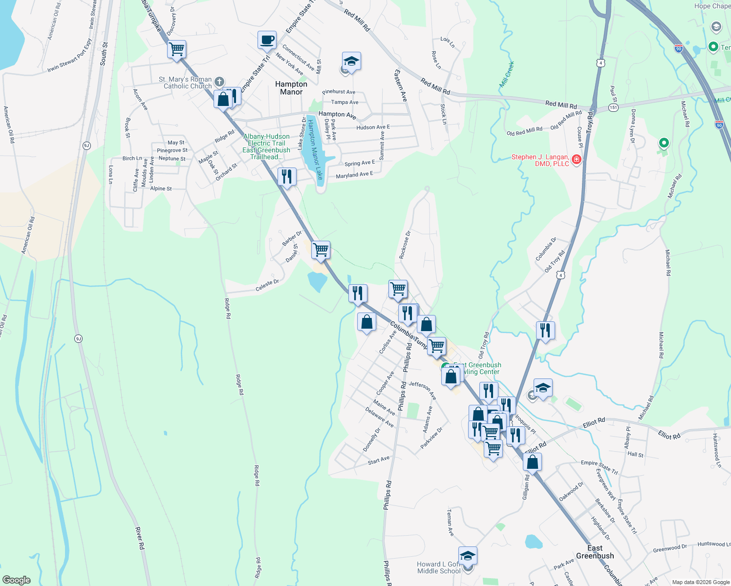 map of restaurants, bars, coffee shops, grocery stores, and more near 2 Corellis Dr in Rensselaer