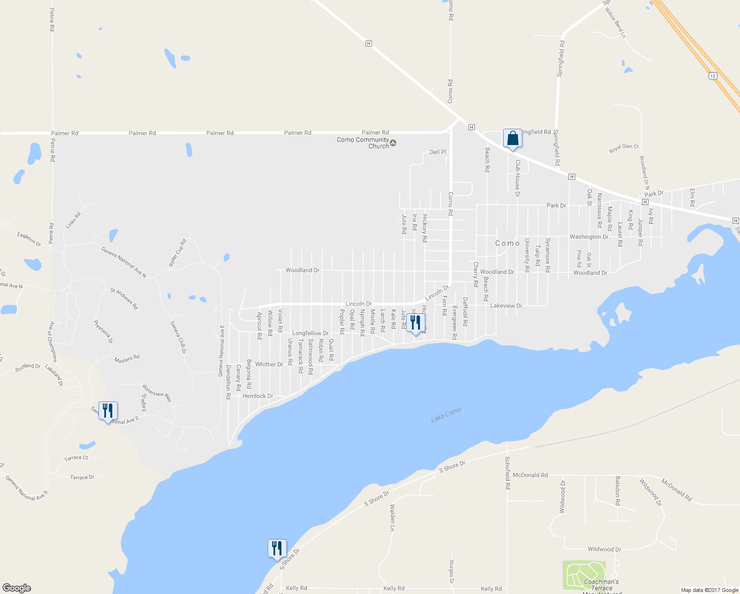 map of restaurants, bars, coffee shops, grocery stores, and more near N3217 Mistle Road in Lake Geneva