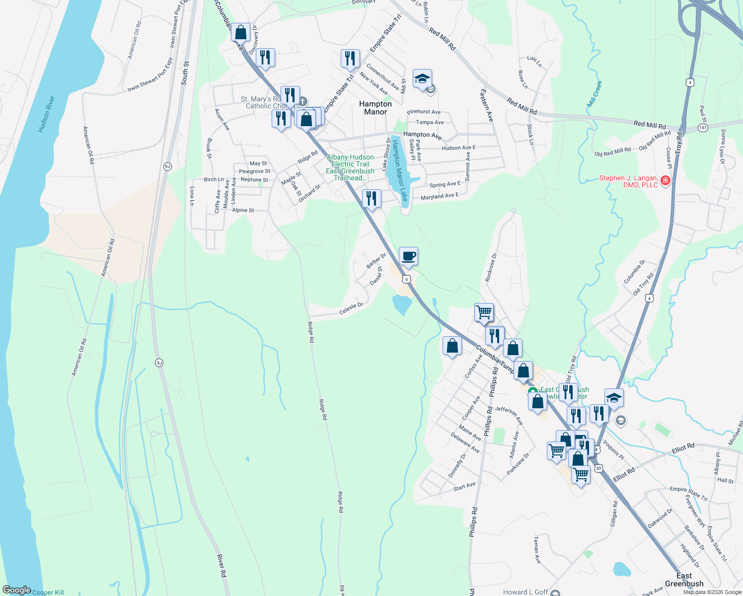 map of restaurants, bars, coffee shops, grocery stores, and more near 33 Celeste Drive in Rensselaer