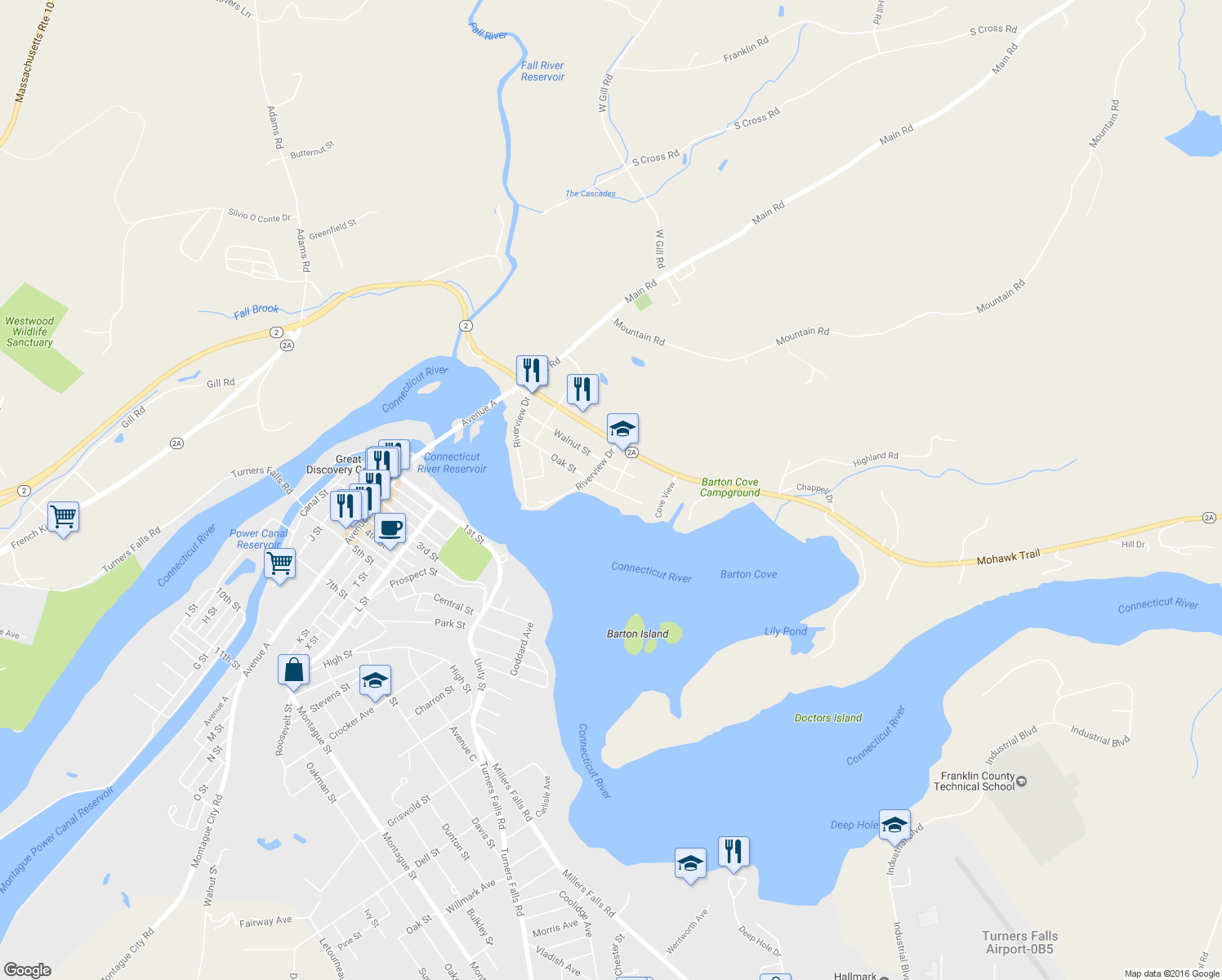 map of restaurants, bars, coffee shops, grocery stores, and more near 31 Oak St in Gill