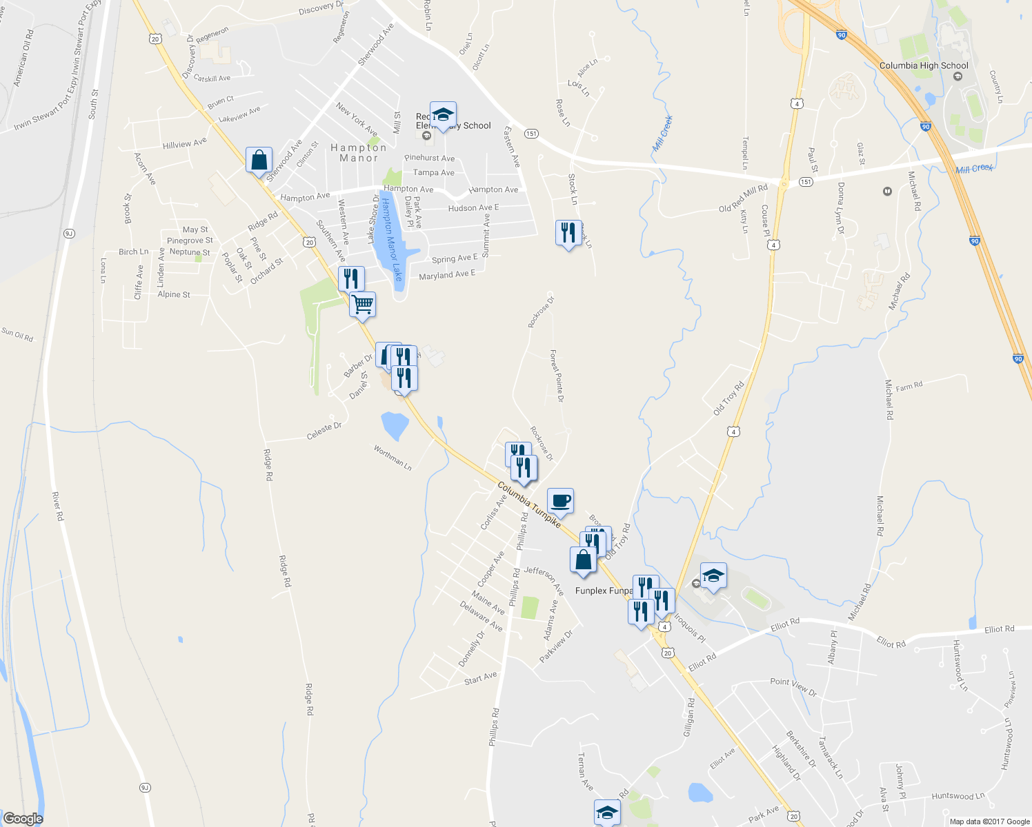 map of restaurants, bars, coffee shops, grocery stores, and more near 33 Rockrose Drive in East Greenbush