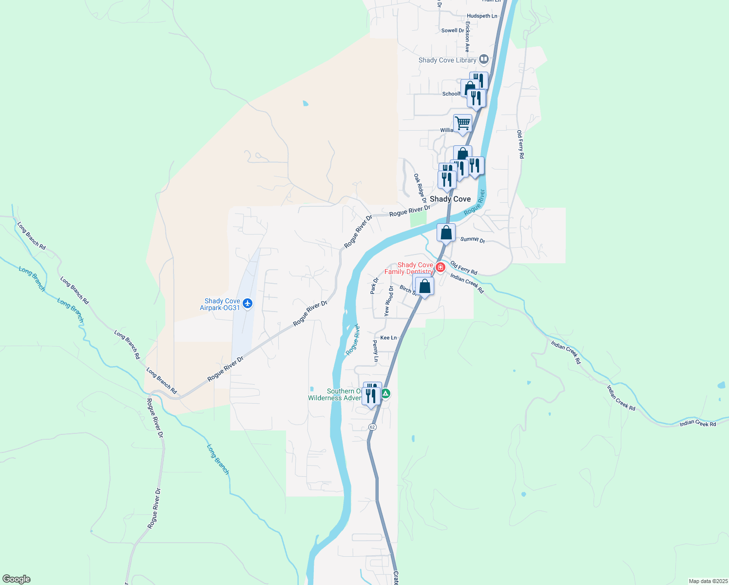 map of restaurants, bars, coffee shops, grocery stores, and more near 500 Park Dr in Shady Cove