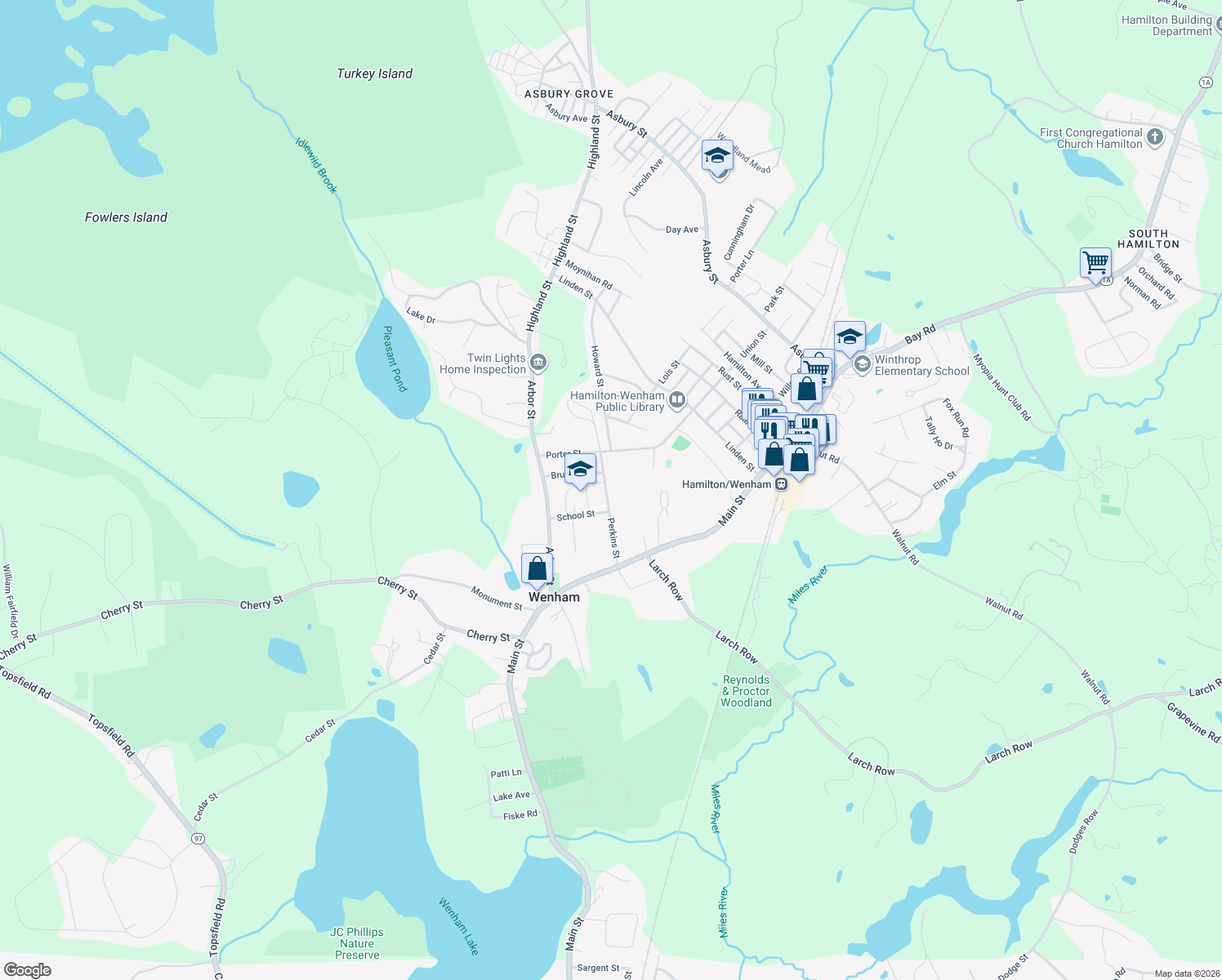 map of restaurants, bars, coffee shops, grocery stores, and more near 28 Perkins Street in Wenham