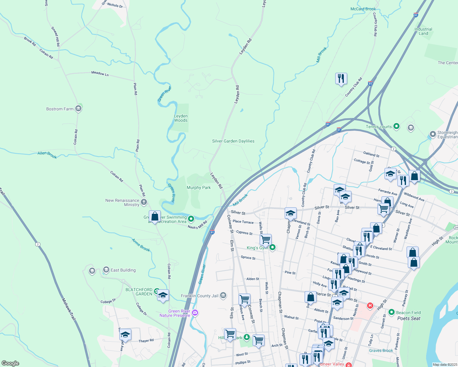 map of restaurants, bars, coffee shops, grocery stores, and more near 41 Leyden Rd in Greenfield