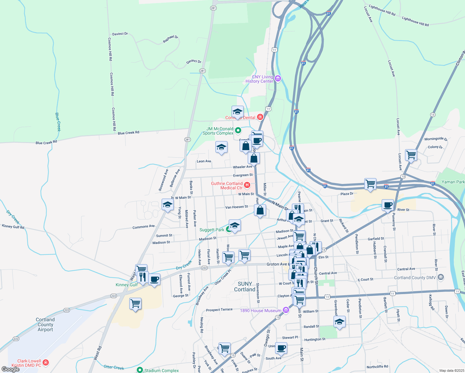 map of restaurants, bars, coffee shops, grocery stores, and more near 33-35 Alvena Ave in Cortland