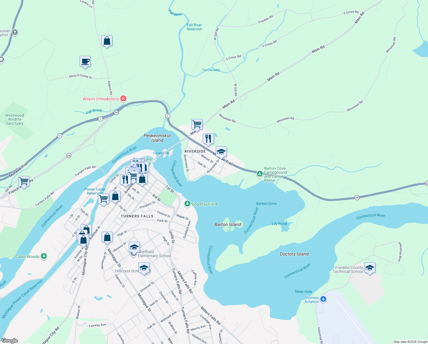 map of restaurants, bars, coffee shops, grocery stores, and more near 26 Oak Street in Gill