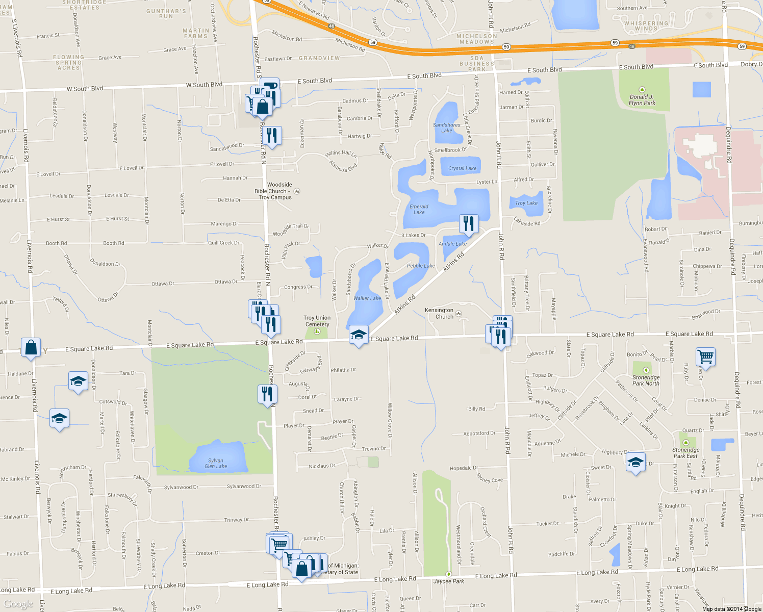 map of restaurants, bars, coffee shops, grocery stores, and more near 6141 Emerald Lake Drive in Troy