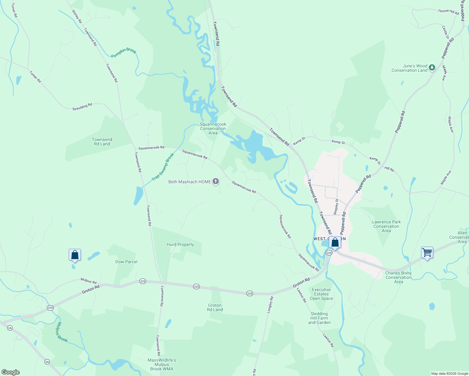 map of restaurants, bars, coffee shops, grocery stores, and more near 90 Squannacook Rd in Shirley