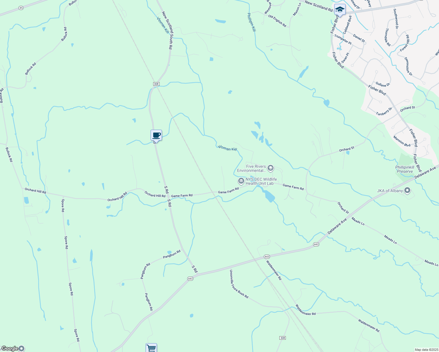 map of restaurants, bars, coffee shops, grocery stores, and more near 21 Wayward Ln in Delmar
