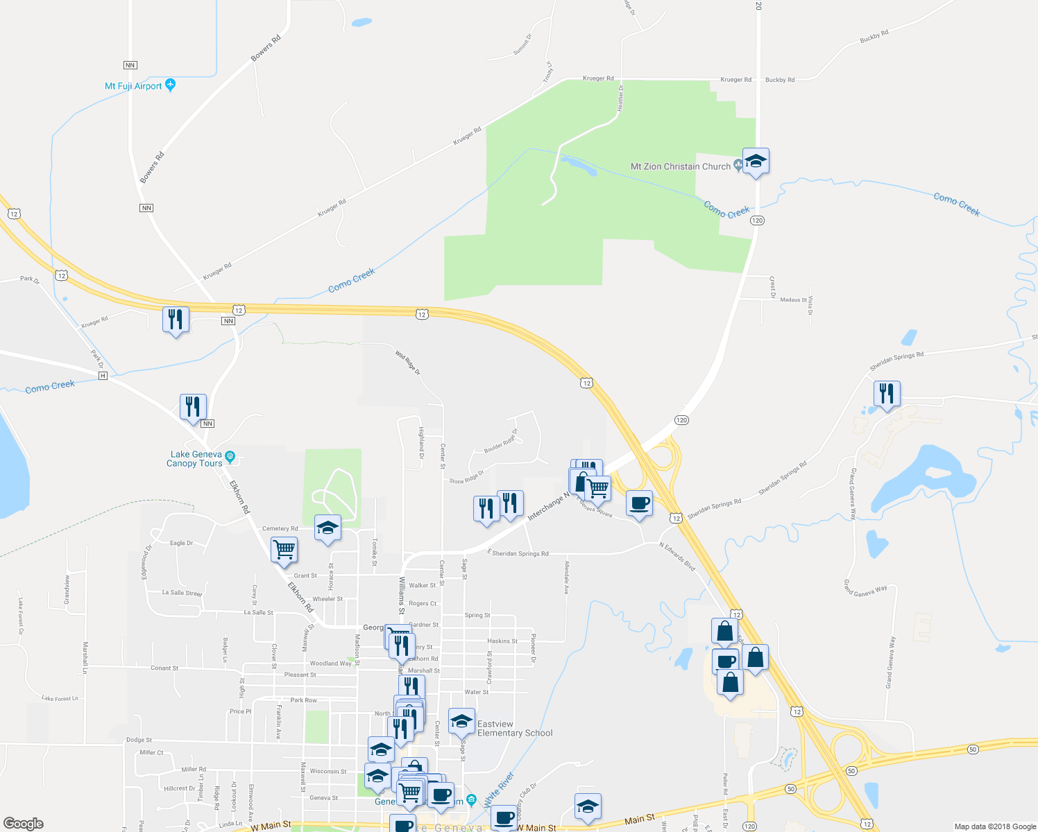 map of restaurants, bars, coffee shops, grocery stores, and more near Stonemill Lane in Lake Geneva