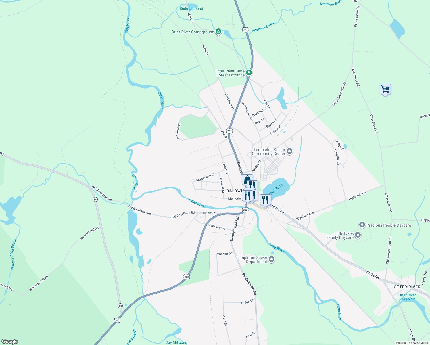 map of restaurants, bars, coffee shops, grocery stores, and more near 19 Fessenden Street in Templeton