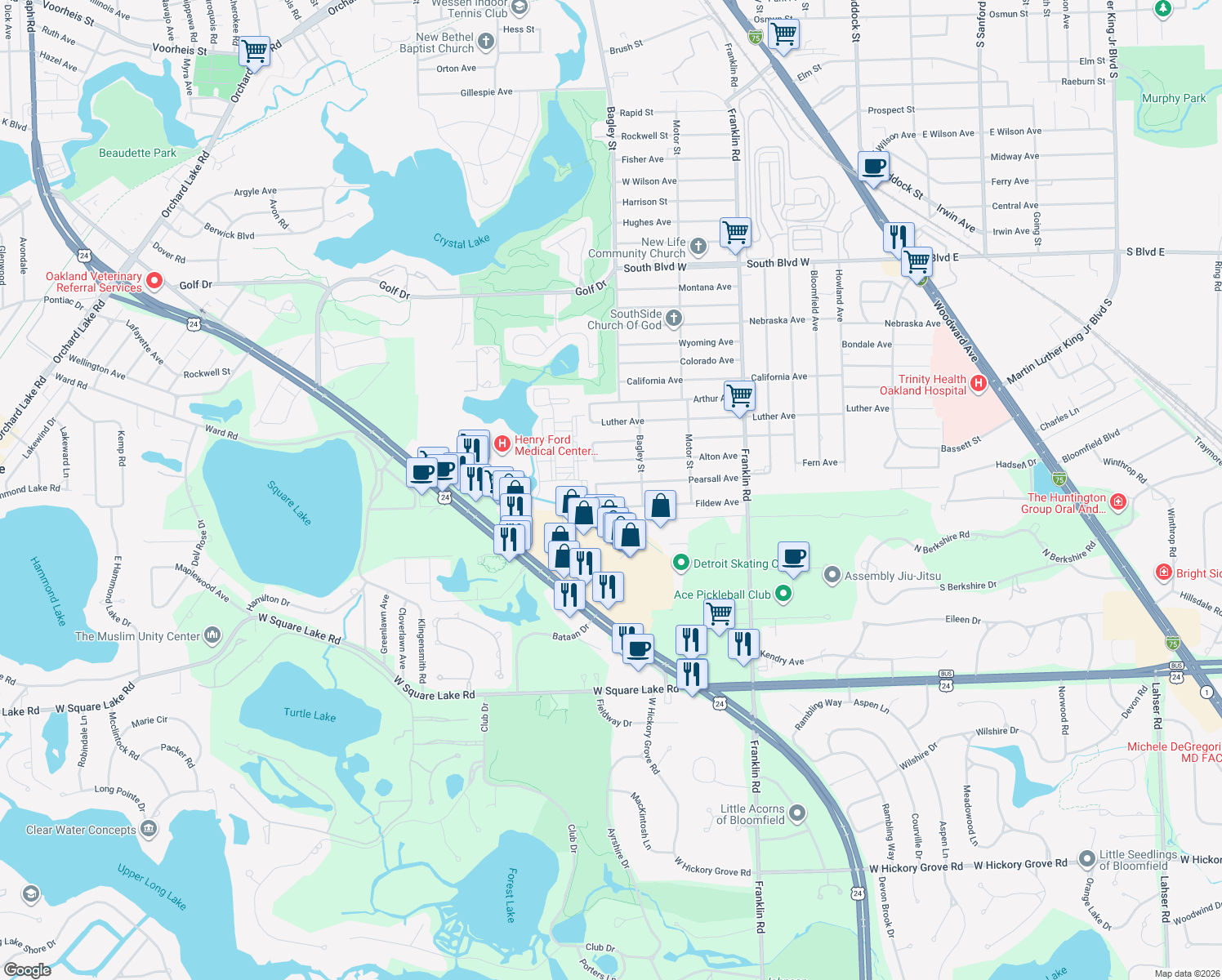 map of restaurants, bars, coffee shops, grocery stores, and more near 633 Pearsall Avenue in Pontiac