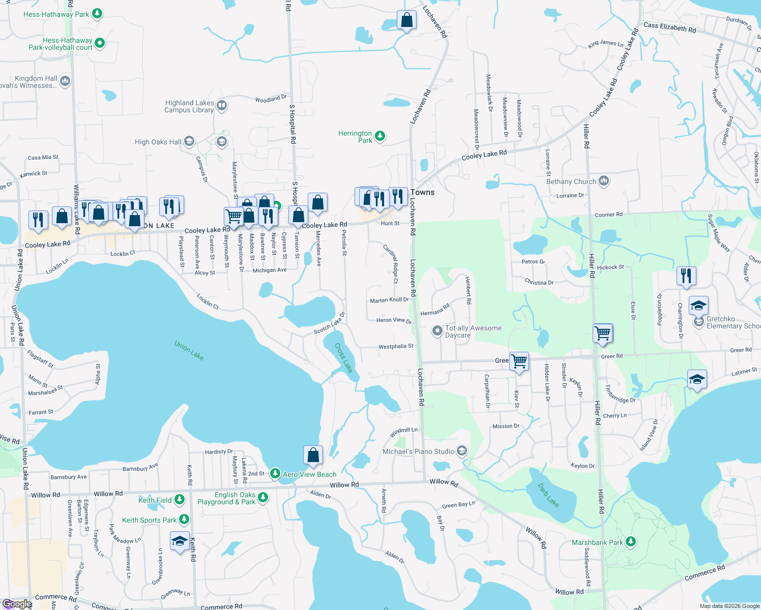 map of restaurants, bars, coffee shops, grocery stores, and more near 6605 Marten Knoll Drive in West Bloomfield Township