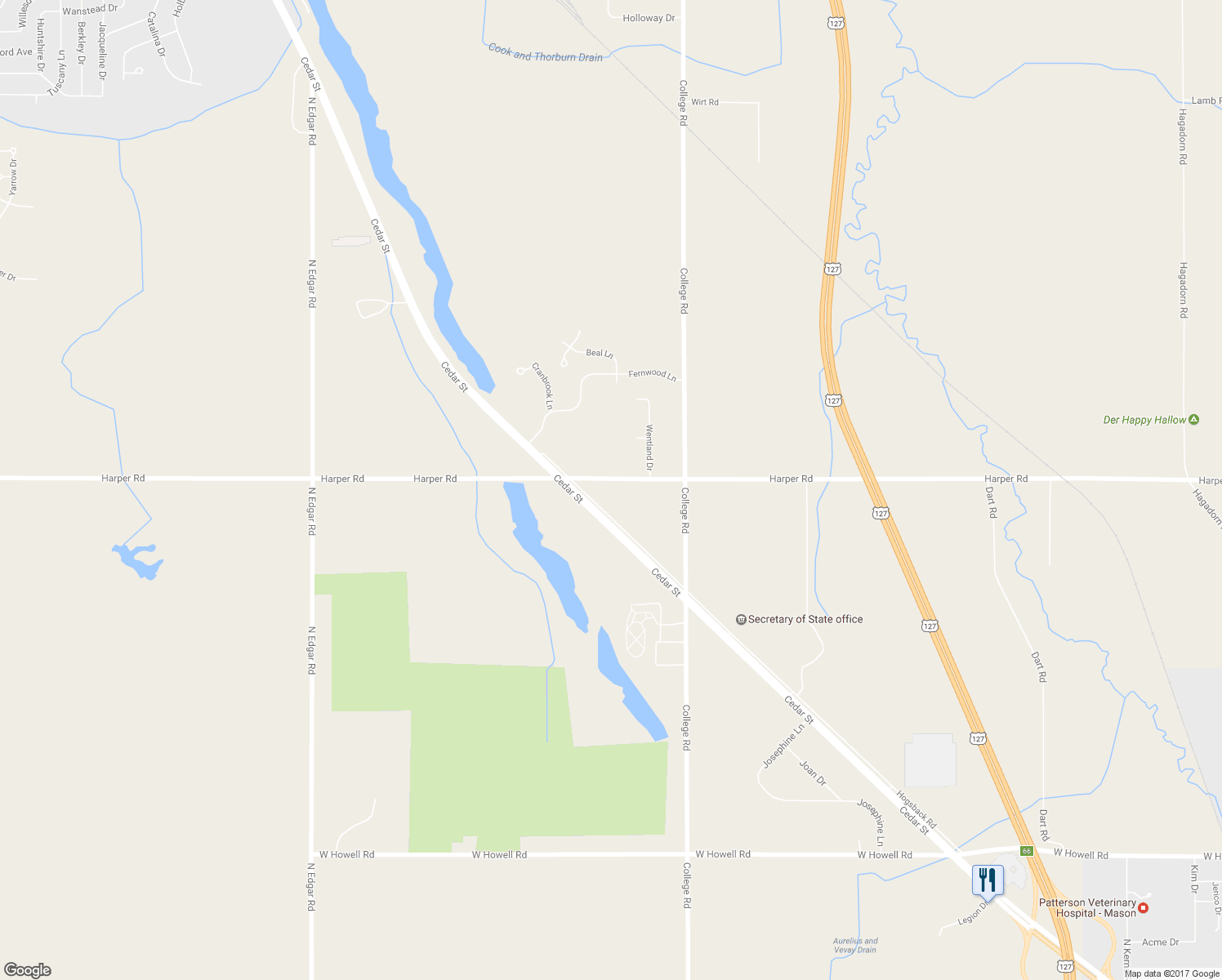 map of restaurants, bars, coffee shops, grocery stores, and more near 3597 Harper Road in Mason