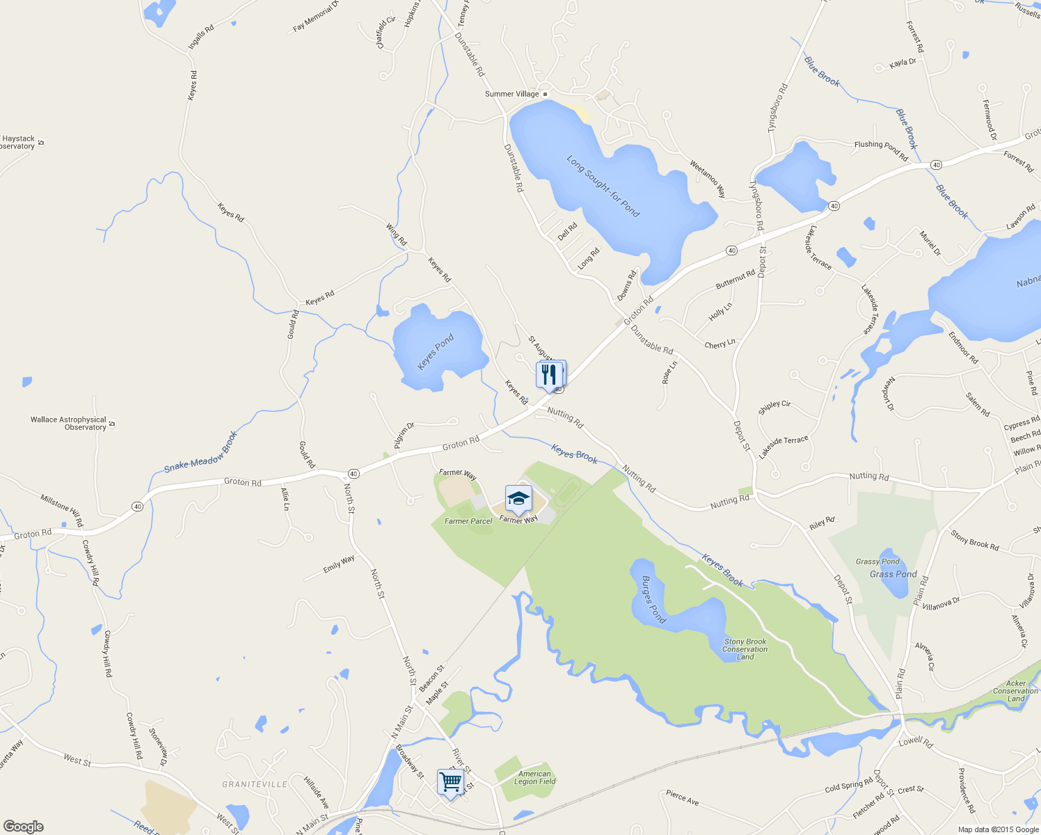 map of restaurants, bars, coffee shops, grocery stores, and more near 205 Groton Road in Westford