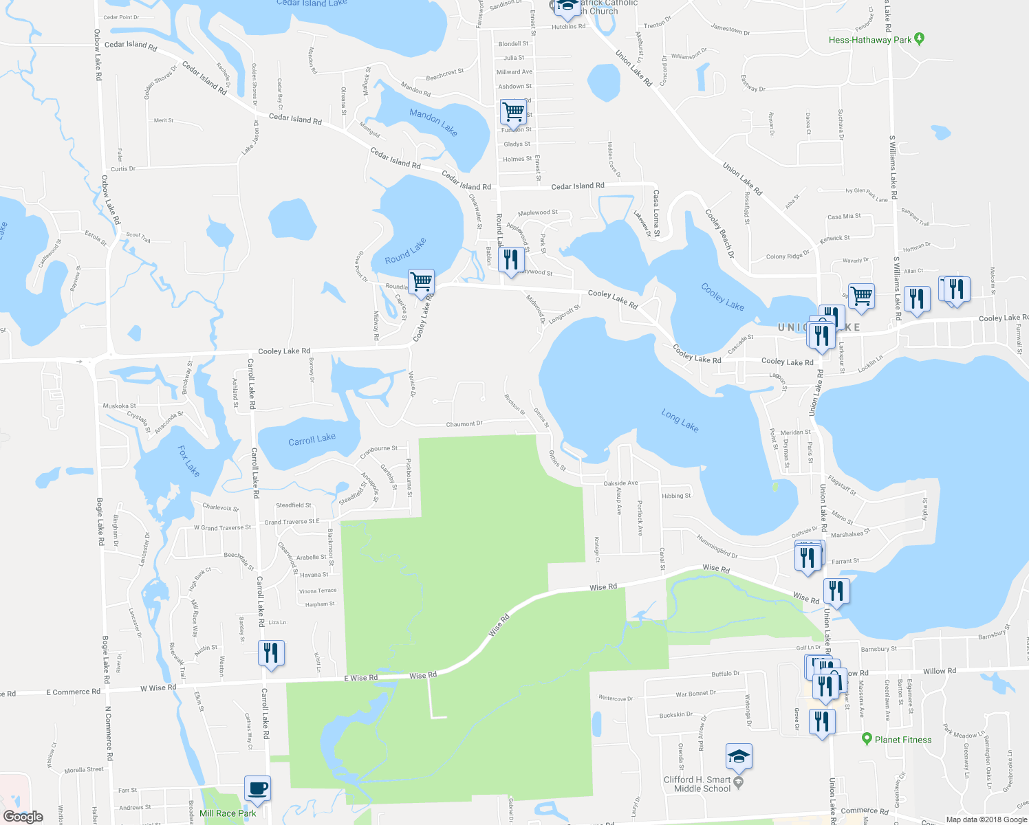 map of restaurants, bars, coffee shops, grocery stores, and more near 9142 Chaumont Drive in Commerce Charter Township
