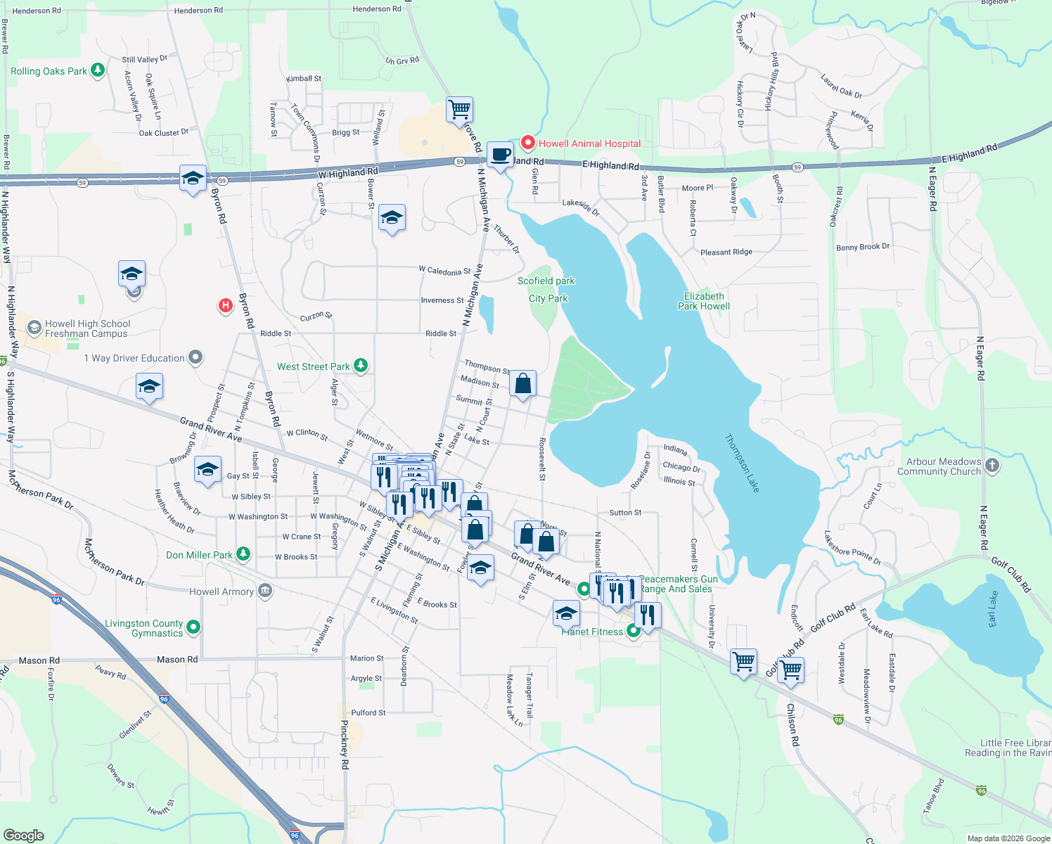 map of restaurants, bars, coffee shops, grocery stores, and more near 613 Bates Street in Howell