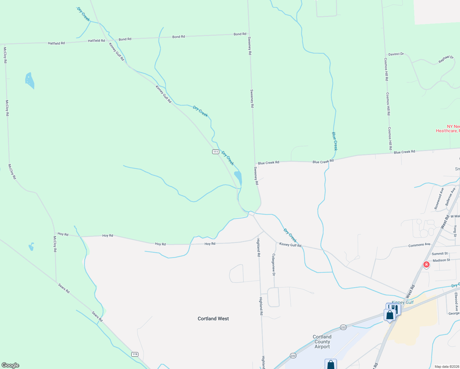 map of restaurants, bars, coffee shops, grocery stores, and more near 4187 County Road 111 in Cortland