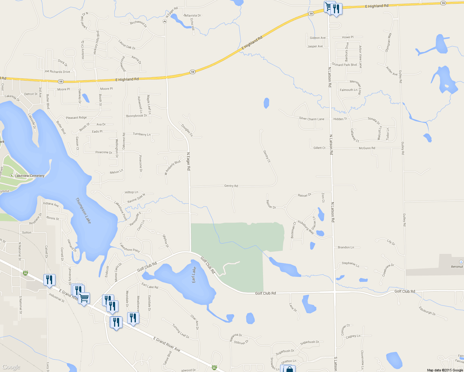 map of restaurants, bars, coffee shops, grocery stores, and more near 3207 Gentry Road in Howell