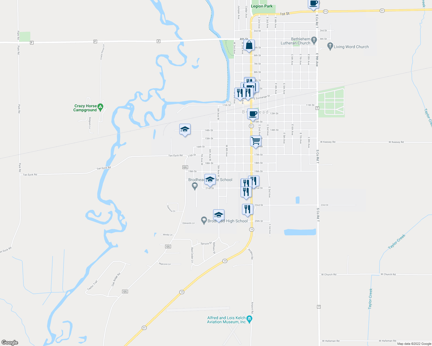 map of restaurants, bars, coffee shops, grocery stores, and more near 1302 19th Street in Brodhead