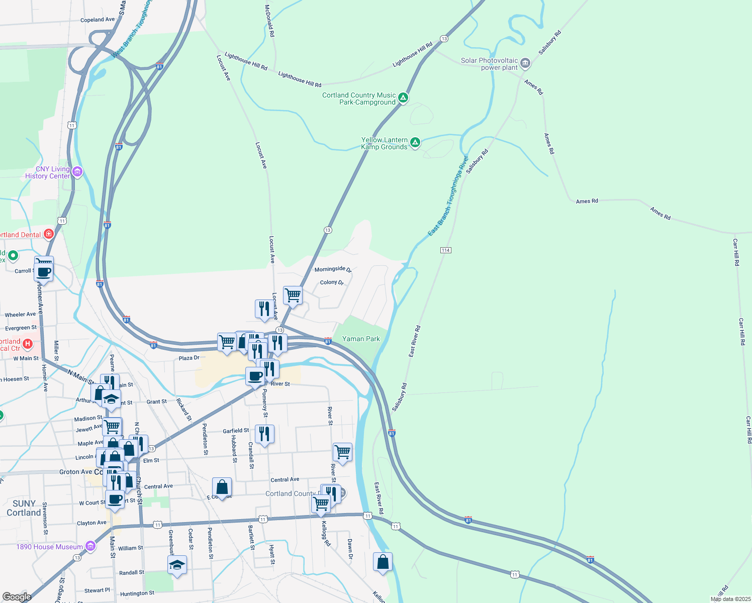 map of restaurants, bars, coffee shops, grocery stores, and more near 10 Hickory Ln in Cortland