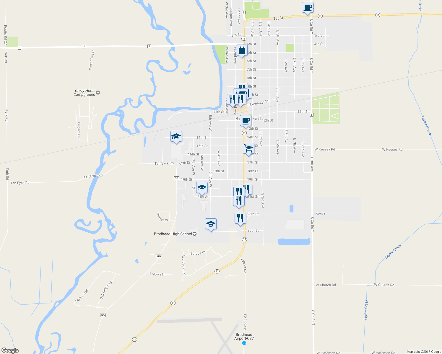 map of restaurants, bars, coffee shops, grocery stores, and more near 1806 West 4th Avenue in Brodhead