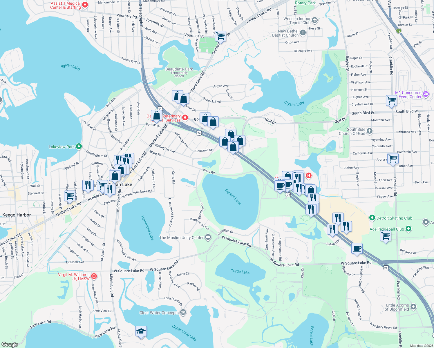 map of restaurants, bars, coffee shops, grocery stores, and more near 1586 Ward Road in Bloomfield