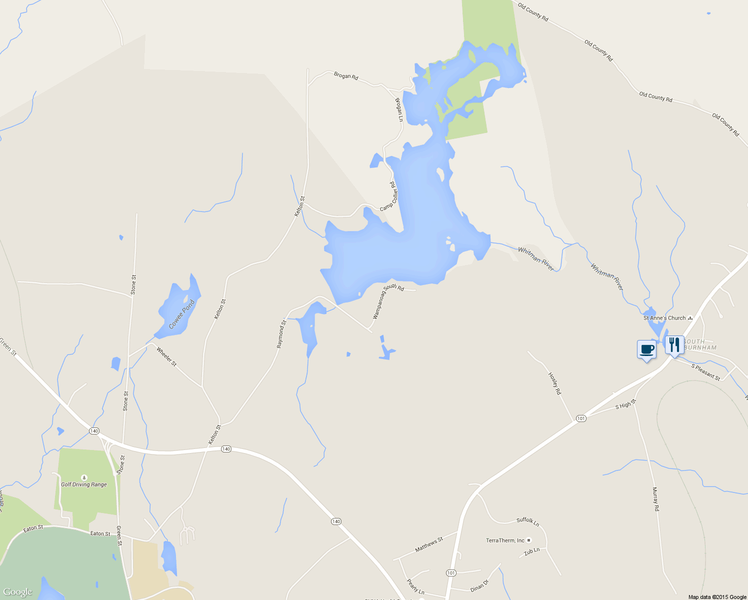 map of restaurants, bars, coffee shops, grocery stores, and more near 100 Wampanoag South Rd in Gardner