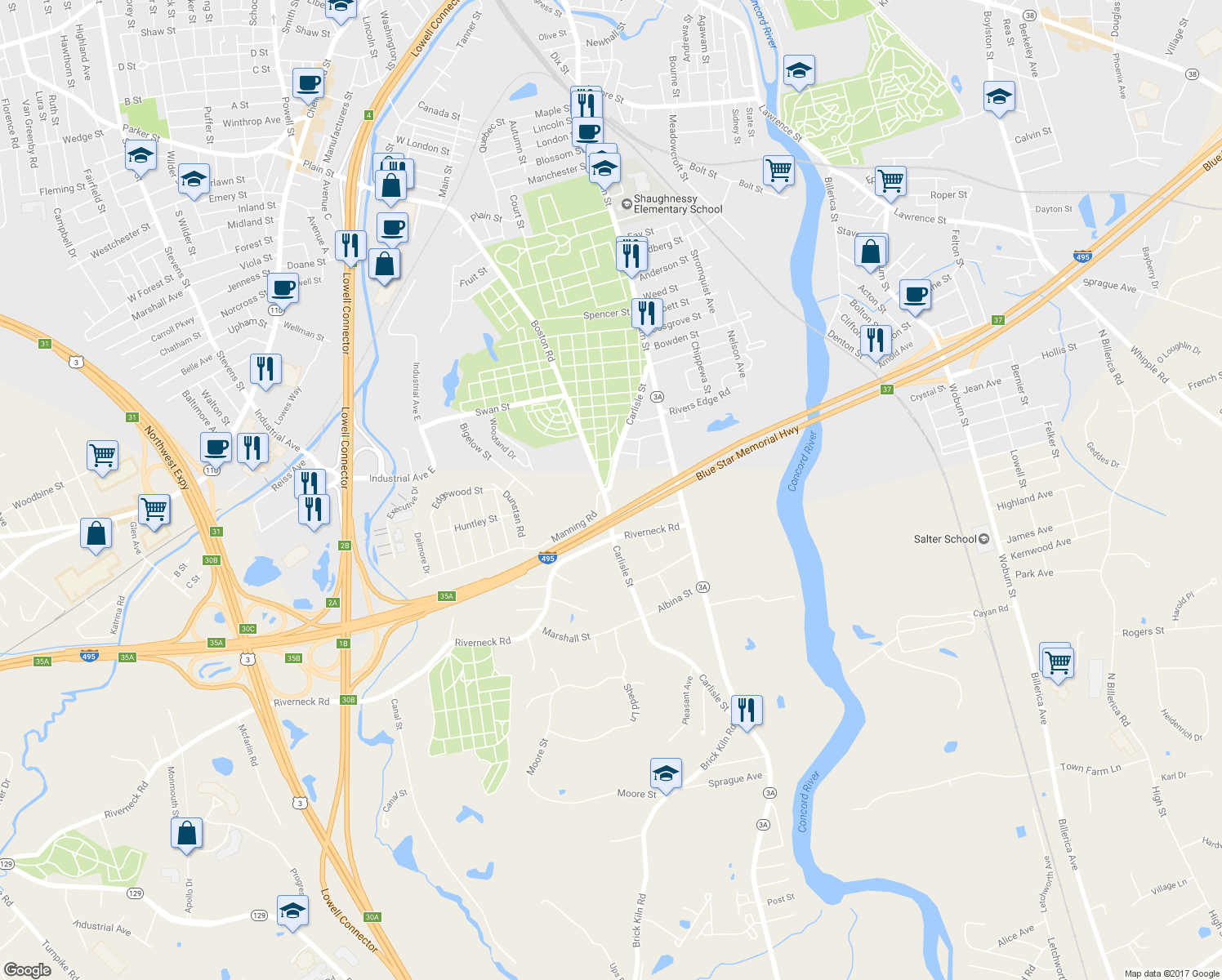 map of restaurants, bars, coffee shops, grocery stores, and more near 14 Carlisle Street in Chelmsford