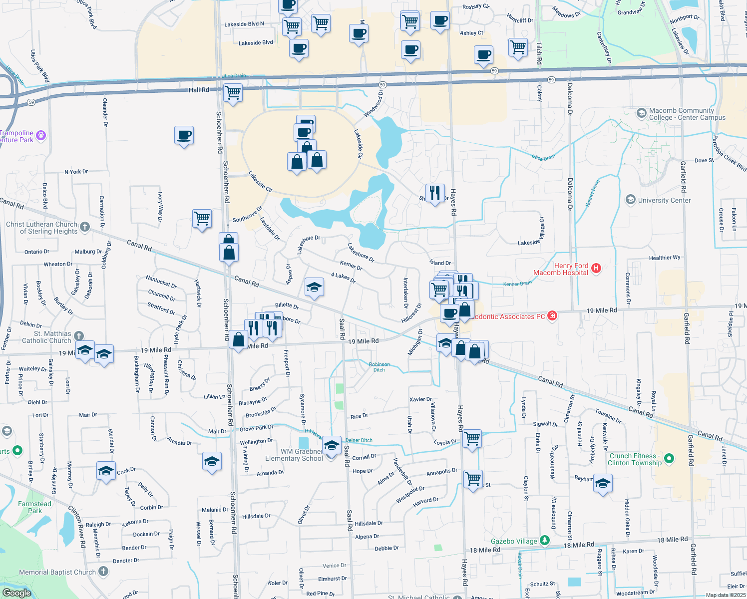 map of restaurants, bars, coffee shops, grocery stores, and more near 14536 4 Lakes Dr in Sterling Heights