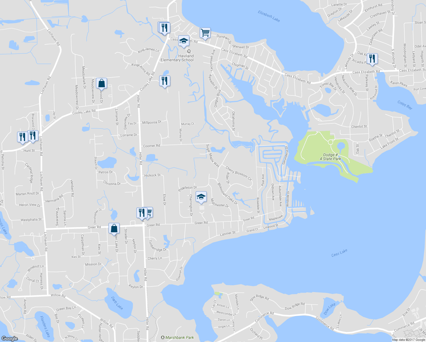 map of restaurants, bars, coffee shops, grocery stores, and more near 1690 Poppleton Drive in West Bloomfield Township