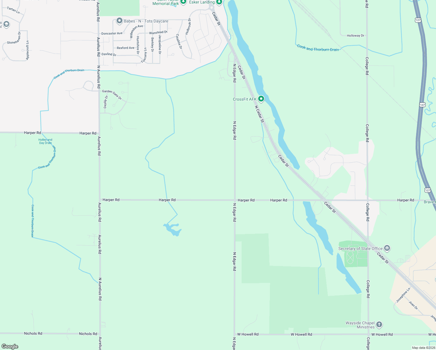 map of restaurants, bars, coffee shops, grocery stores, and more near 1075 North Edgar Road in Mason