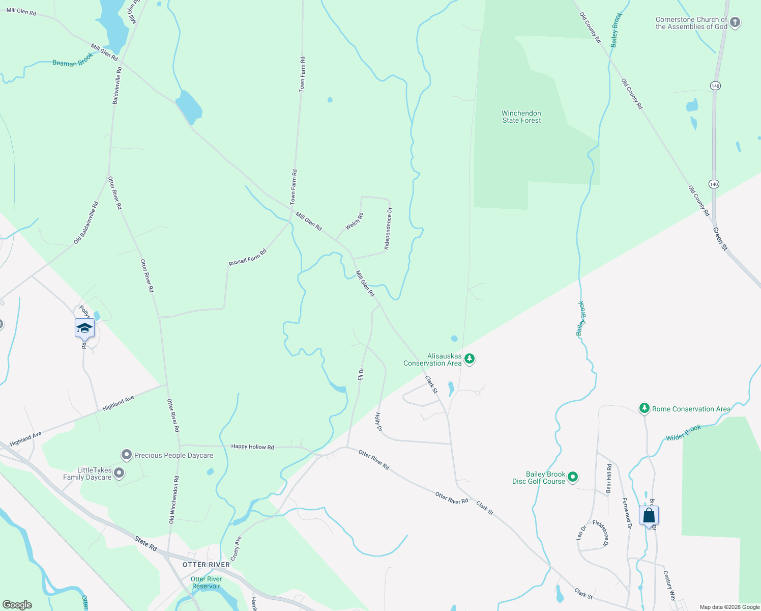 map of restaurants, bars, coffee shops, grocery stores, and more near 232 Mill Glen Road in Winchendon